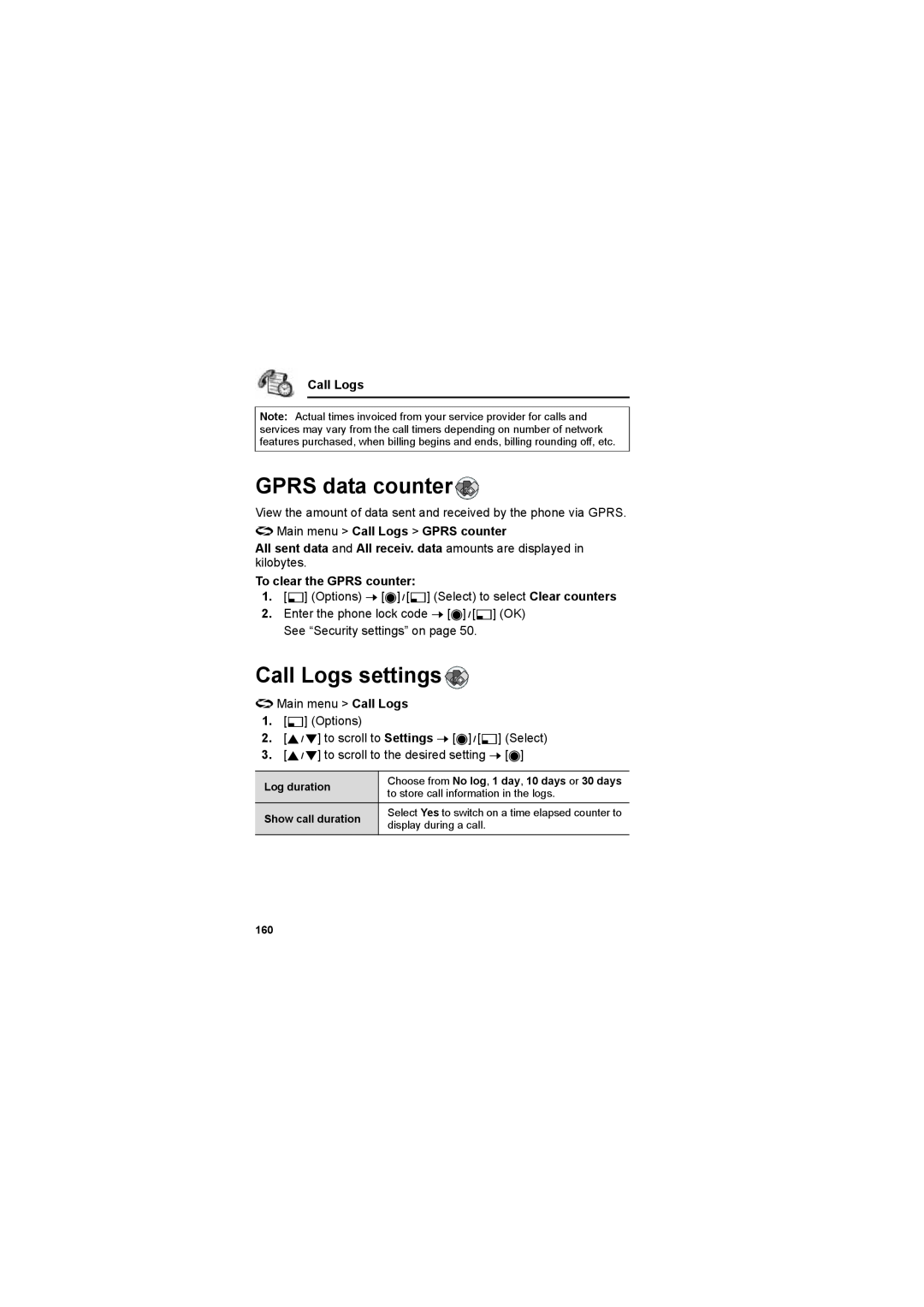 Panasonic EB-X800 manual GPRS data counter, Call Logs settings, To clear the GPRS counter 