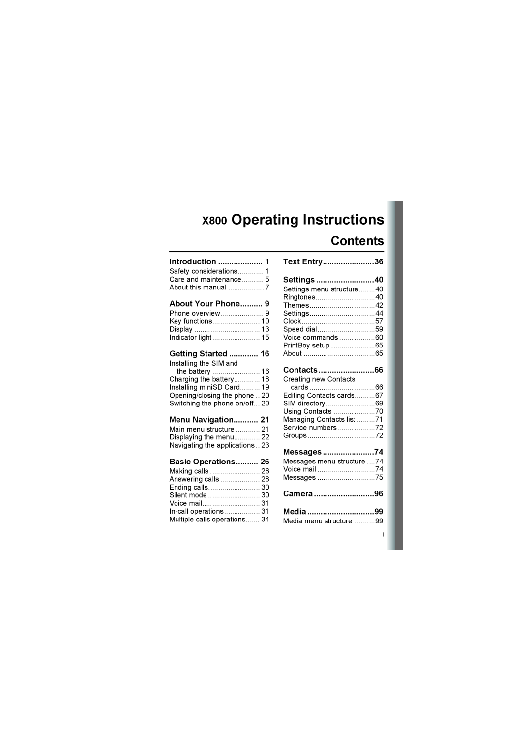 Panasonic EB-X800 manual Contents, X800 Operating Instructions 