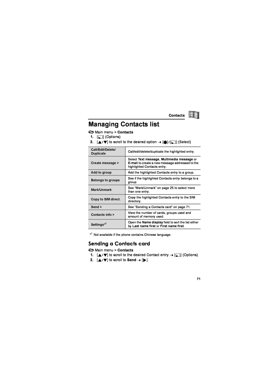 Panasonic EB-X800 manual Managing Contacts list, Sending a Contacts card 