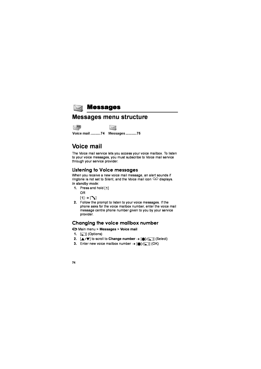 Panasonic EB-X800 Messages menu structure, Listening to Voice messages, Changing the voice mailbox number, Voice mail 