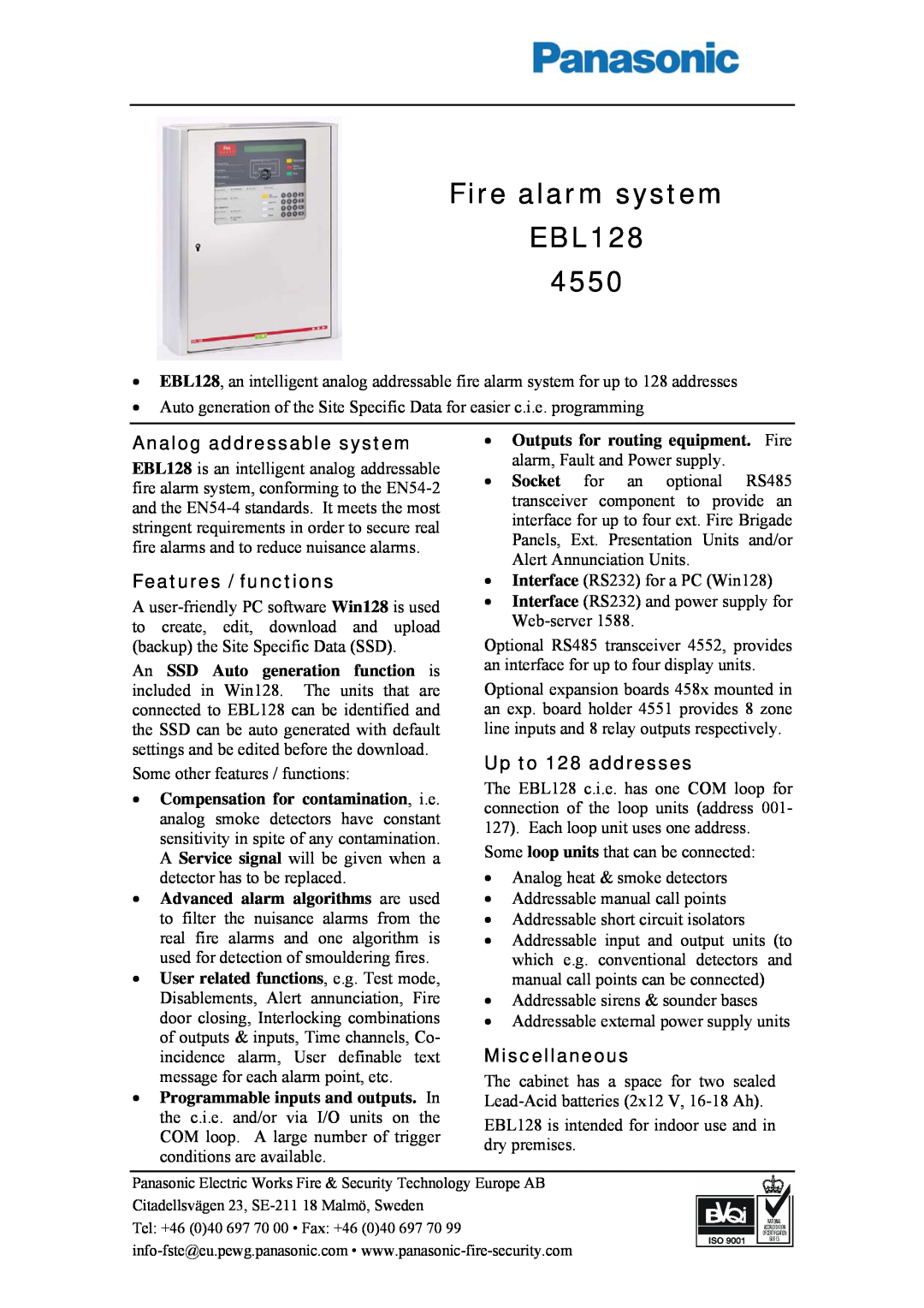 Panasonic manual Fire alarm system EBL128, Analog addressable system, Features / functions, Up to 128 addresses 