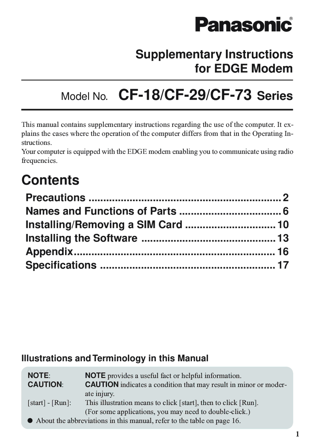 Panasonic EDGE modem appendix Model No. CF-18/CF-29/CF-73 Series, Contents 