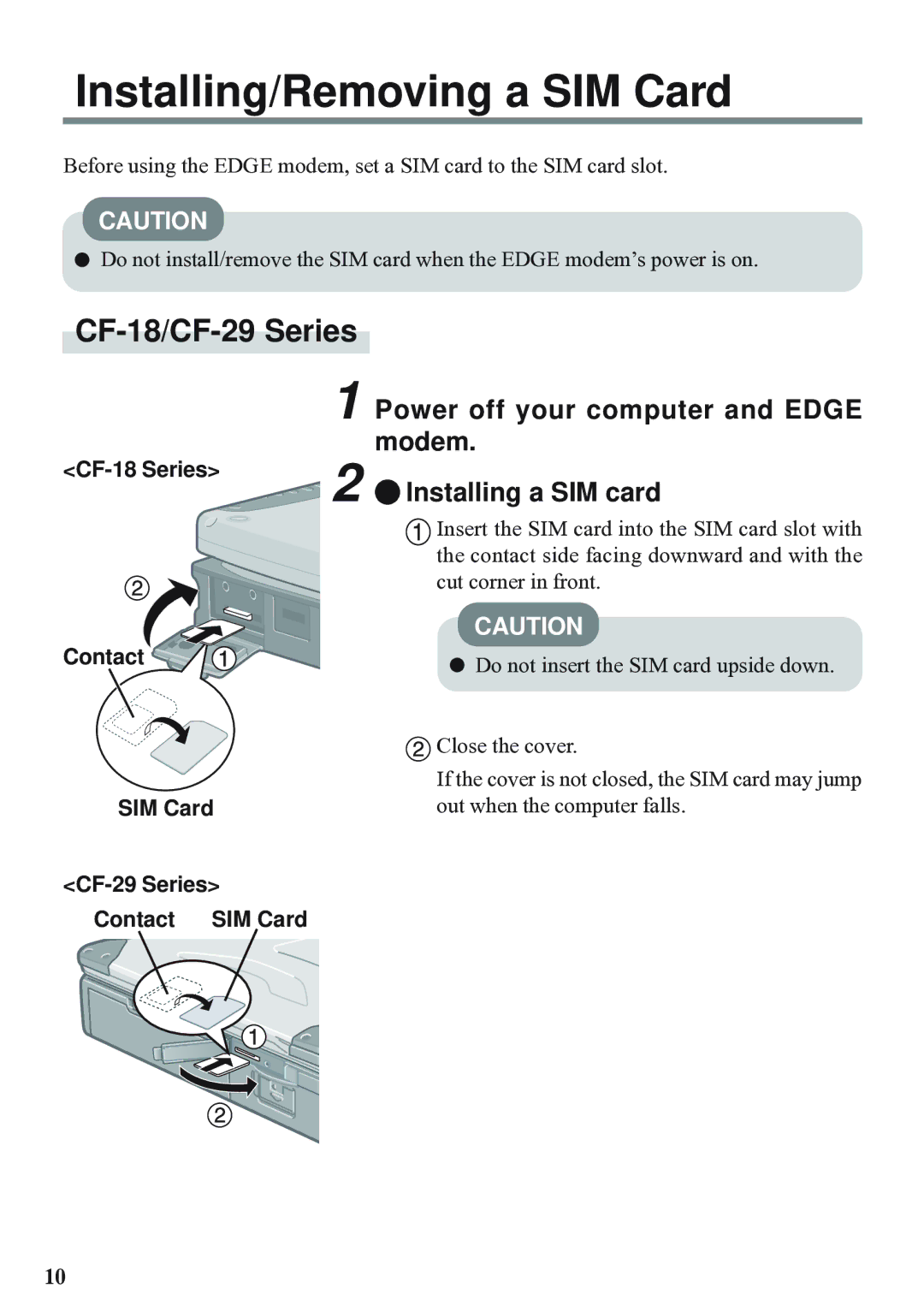 Panasonic EDGE modem Installing/Removing a SIM Card, Power off your computer and Edge, Modem, Installing a SIM card 