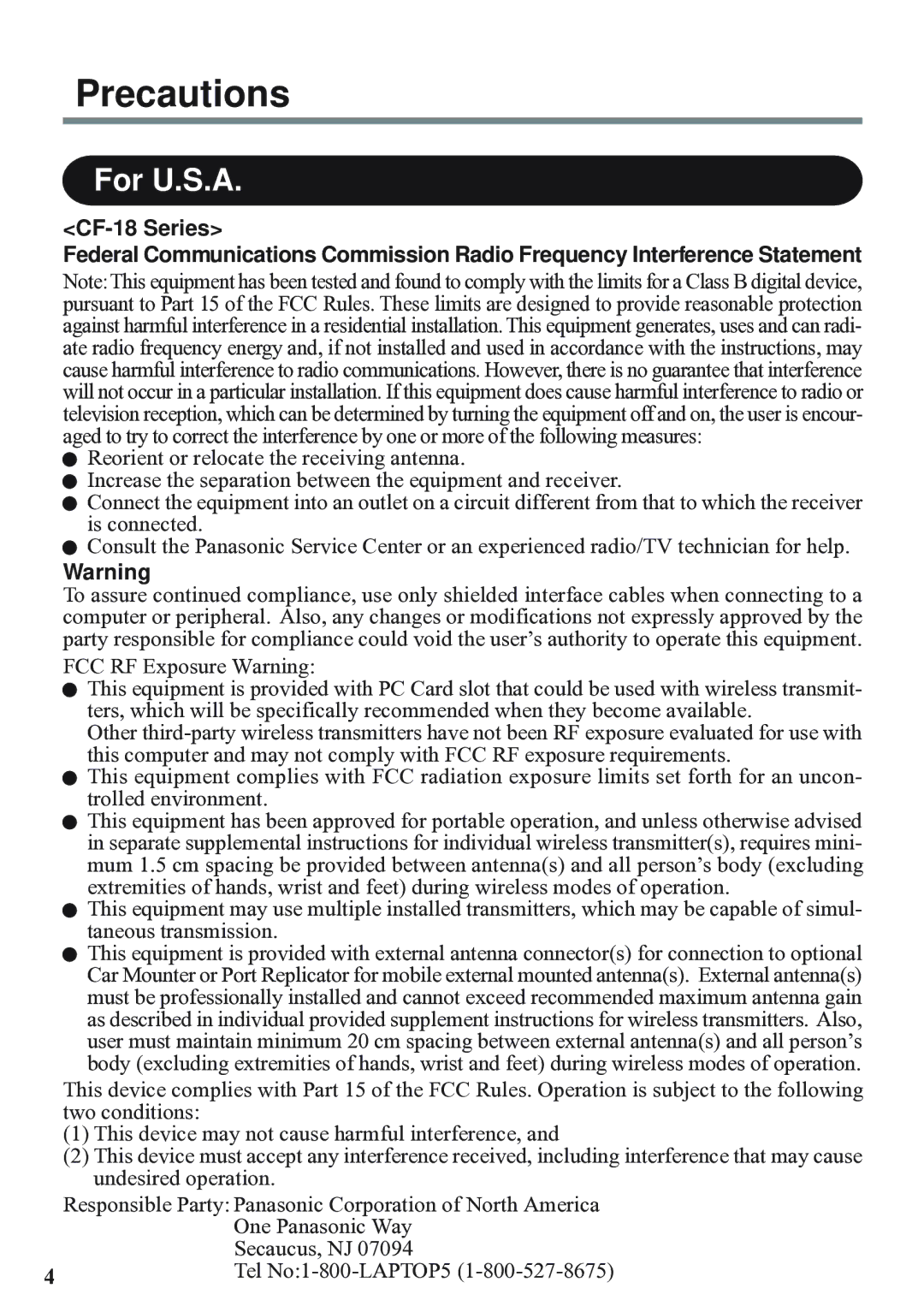 Panasonic EDGE modem appendix Precautions, For U.S.A 