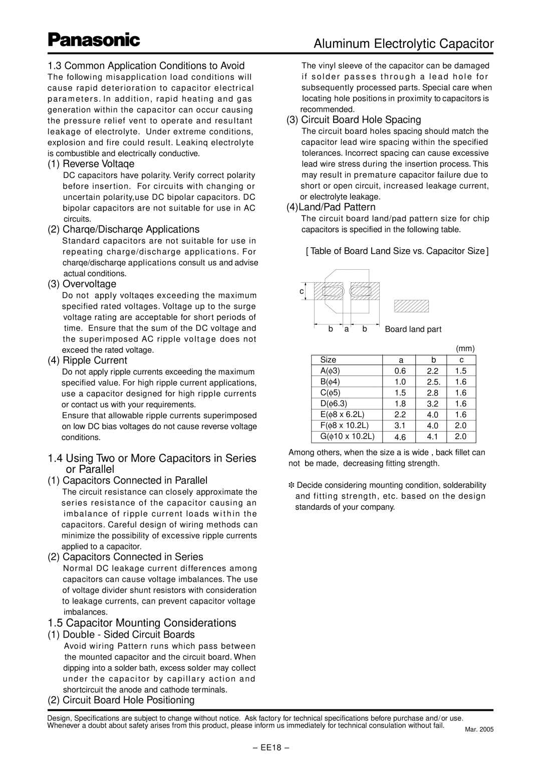 Panasonic EE23 dimensions Using Two or More Capacitors in Series or Parallel, Capacitor Mounting Considerations 