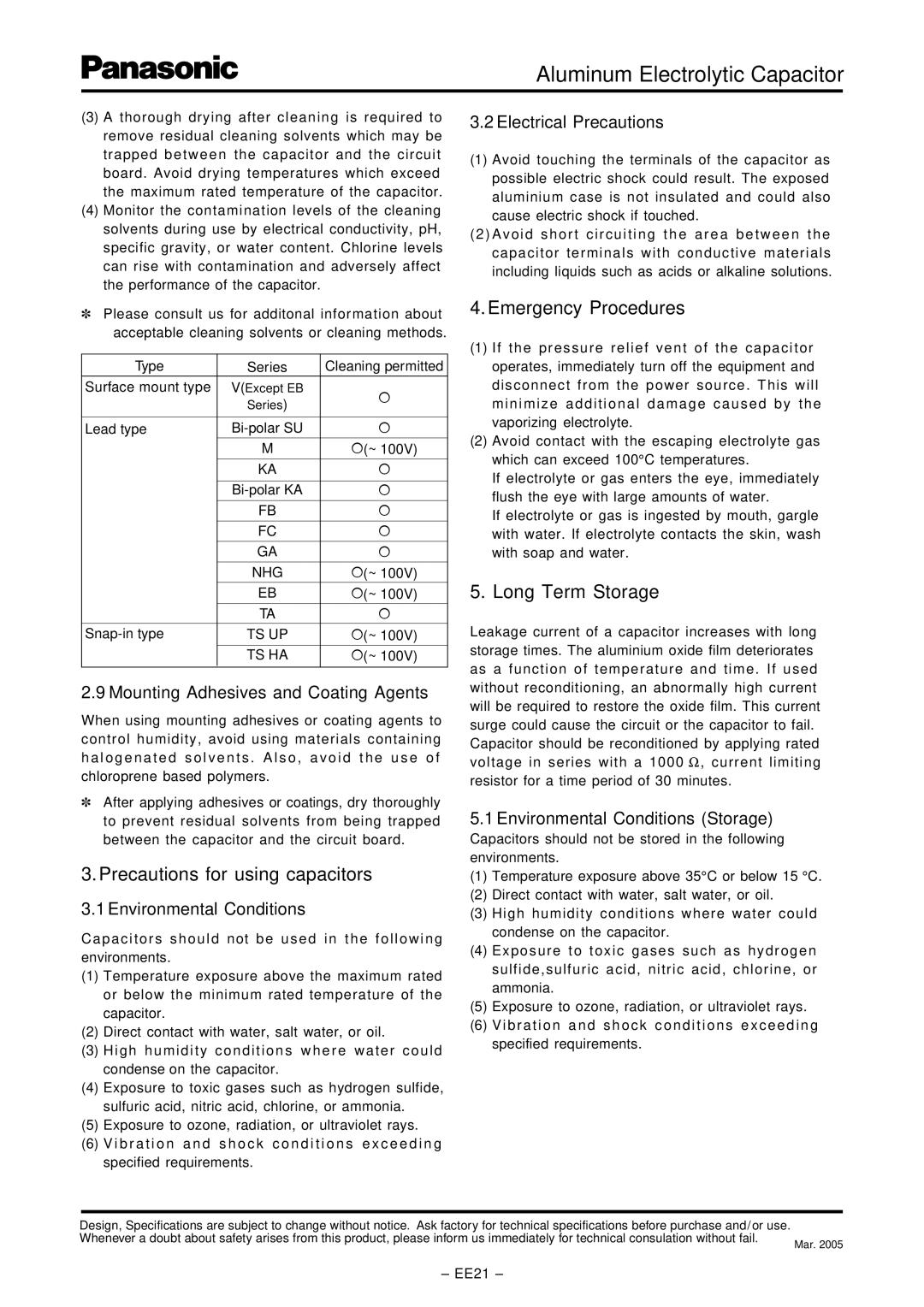 Panasonic EE23 dimensions Precautions for using capacitors, Emergency Procedures, Long Term Storage 