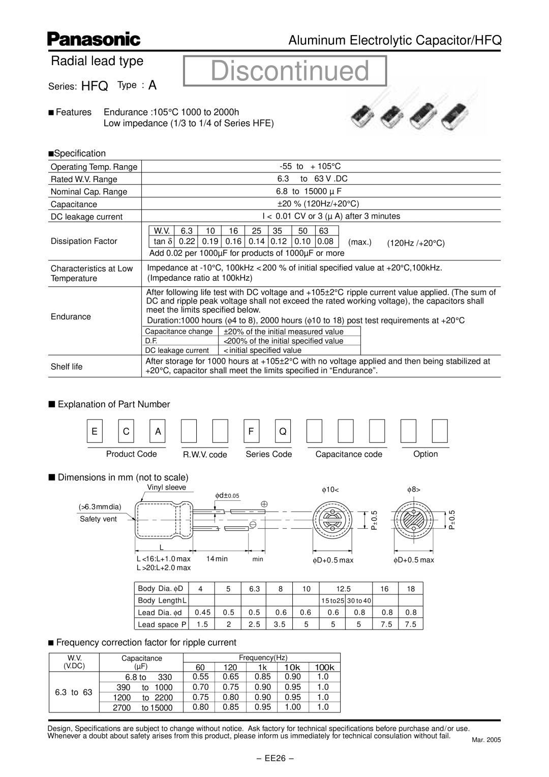 Panasonic EE26 dimensions Series HFQ Type a, Explanation of Part Number, Dimensions in mm not to scale 