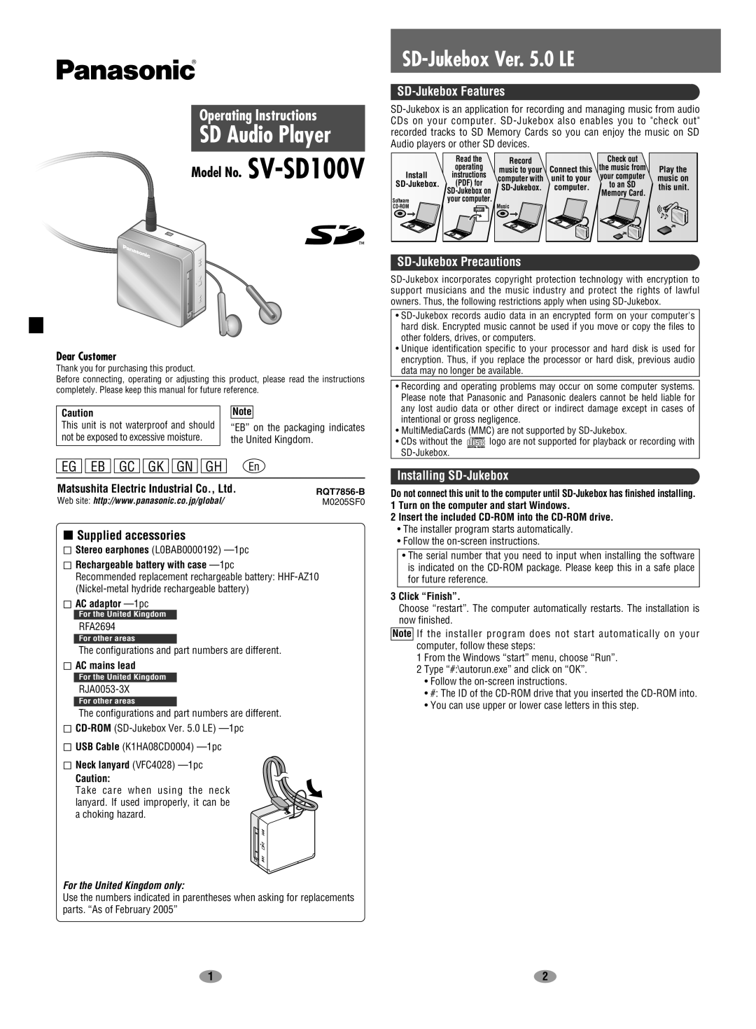 Panasonic EG EB GC GK GN GH En operating instructions SD-Jukebox Ver .0 LE, Supplied accessories, SD-Jukebox Features 