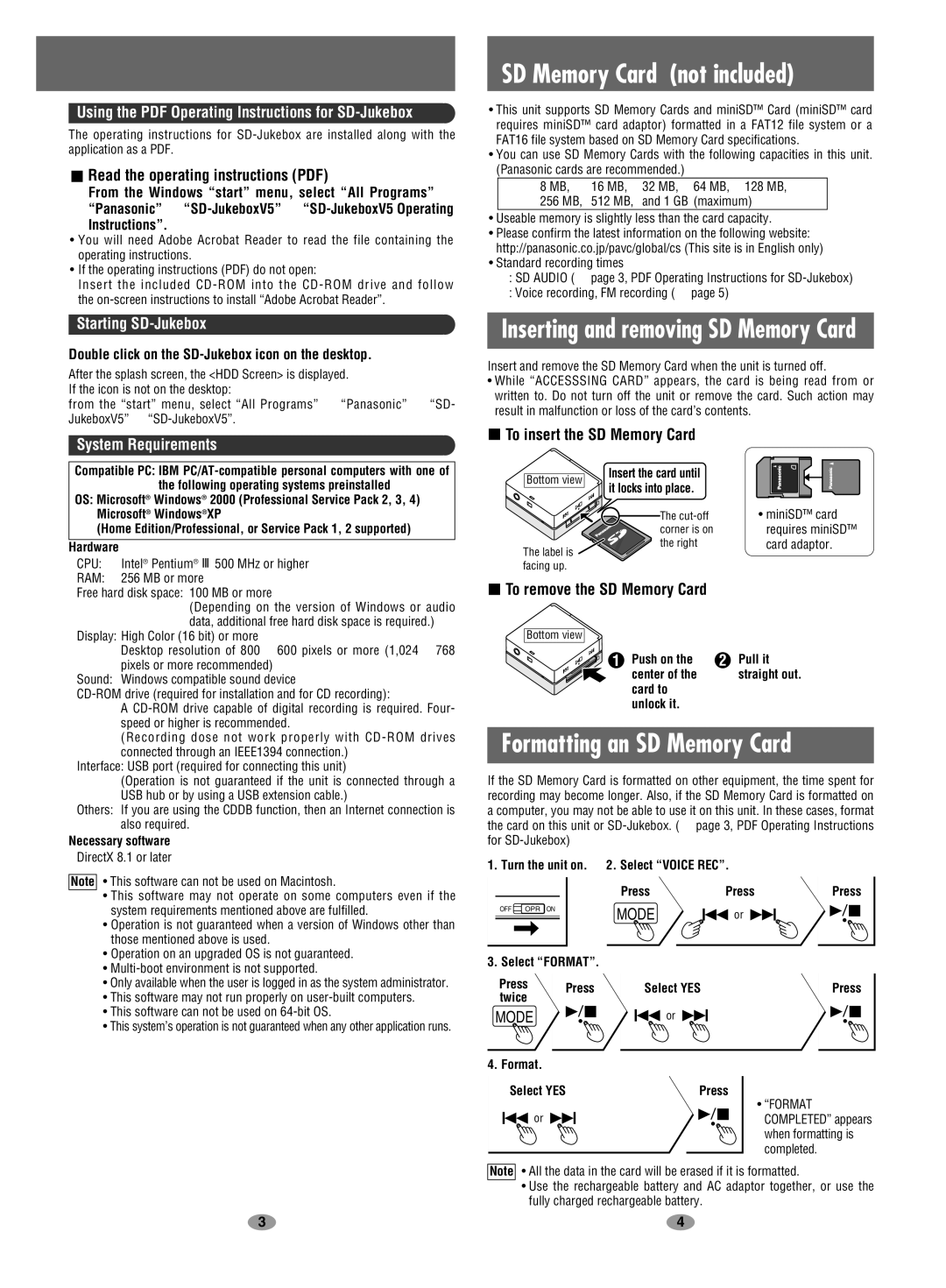 Panasonic EG EB GC GK GN GH En operating instructions SD Memory Card not included, Formatting an SD Memory Card, Mode 