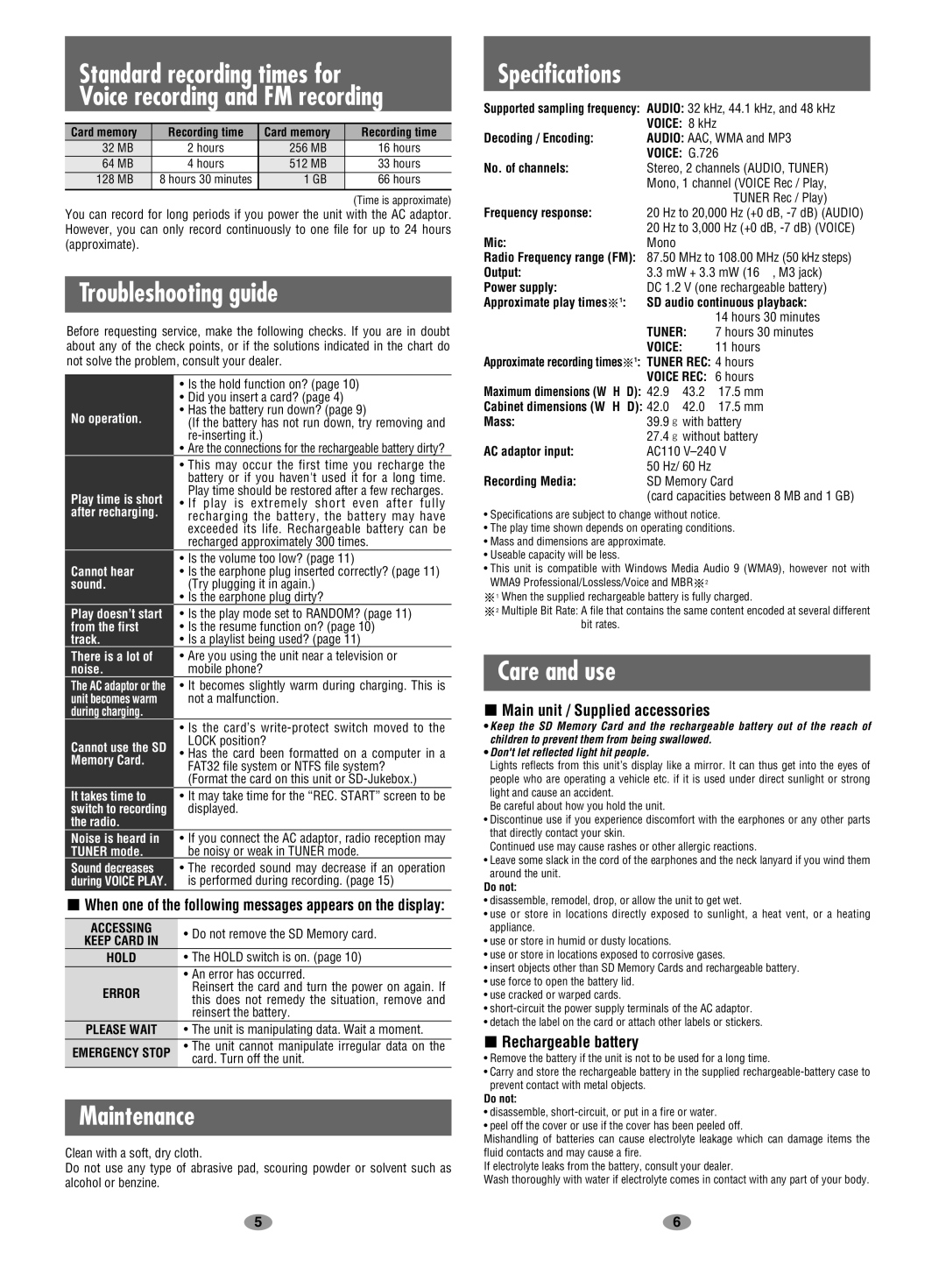 Panasonic EG EB GC GK GN GH En operating instructions Troubleshooting guide, Maintenance, Specifications, Care and use 