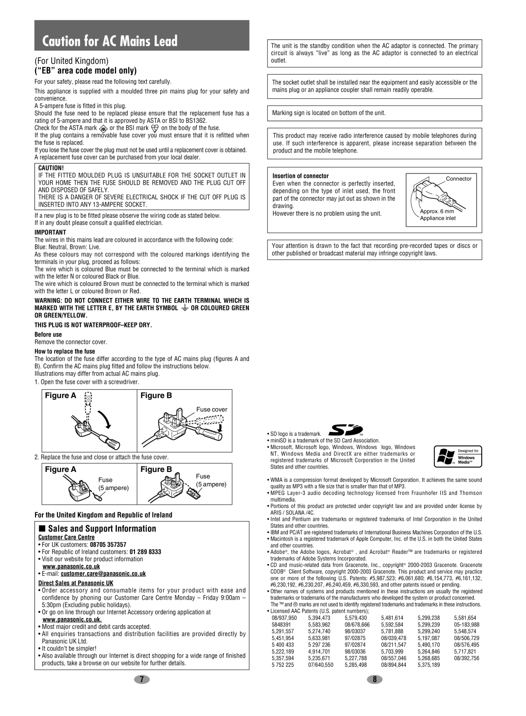 Panasonic EG EB GC GK GN GH En operating instructions EB area code model only, Sales and Support Information 