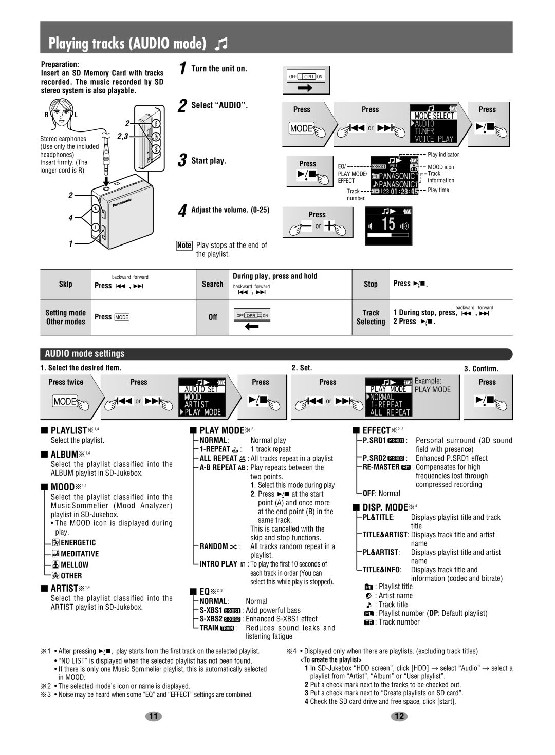 Panasonic EG EB GC GK GN GH En Playing tracks Audio mode, Audio mode settings, Playlist 1,4, DISP. Mode 