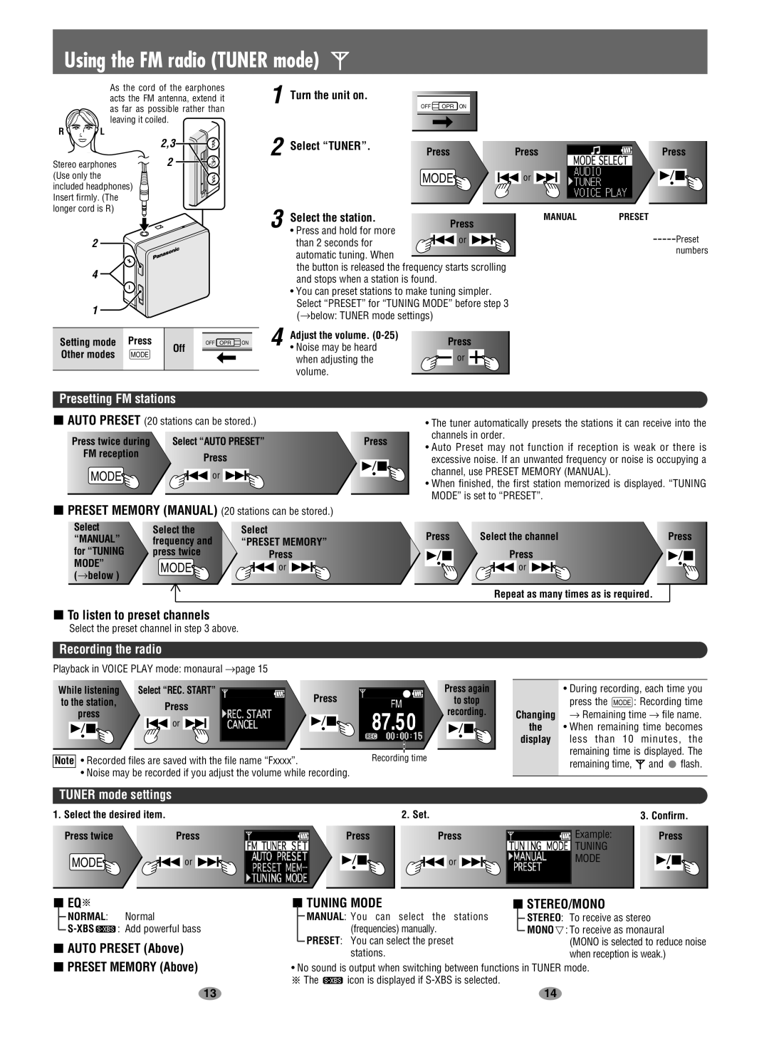 Panasonic EG EB GC GK GN GH En Using the FM radio Tuner mode, Presetting FM stations, Recording the radio 