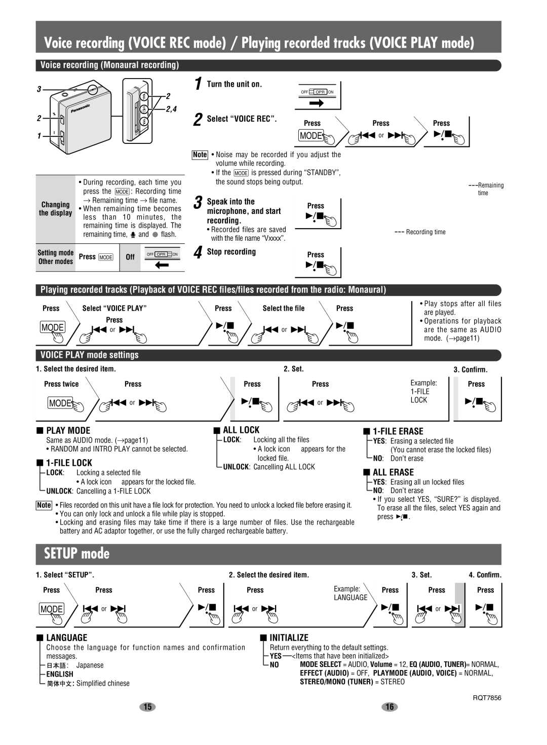 Panasonic EG EB GC GK GN GH En operating instructions Setup mode 