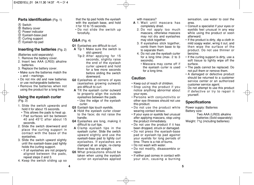 Panasonic EH2331 Parts identification Fig, Inserting the batteries Fig, Using the eyelash curler, Specifications 