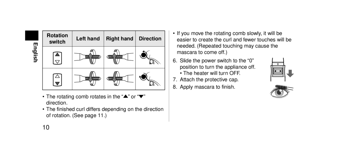 Panasonic EHSE60 operating instructions Rotation Switch Left hand Right hand Direction 