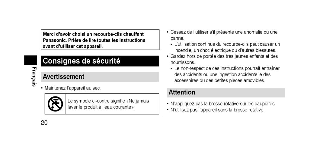 Panasonic EHSE60 operating instructions Consignes de sécurité, Avertissement 