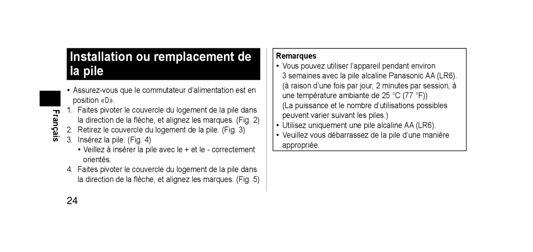 Panasonic EHSE60 operating instructions Installation ou remplacement de la pile, Remarques 