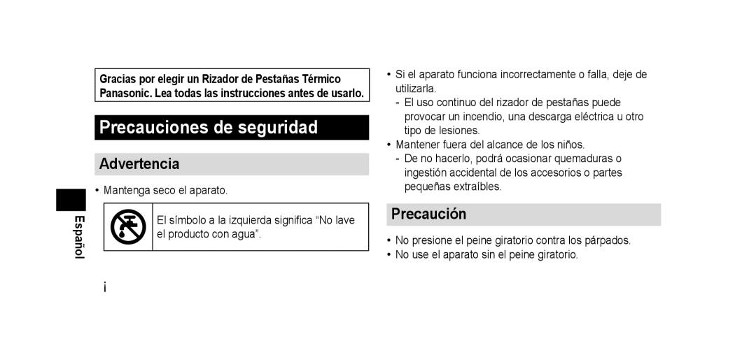 Panasonic EHSE60 operating instructions Precauciones de seguridad, Advertencia, Precaución, El producto con agua 