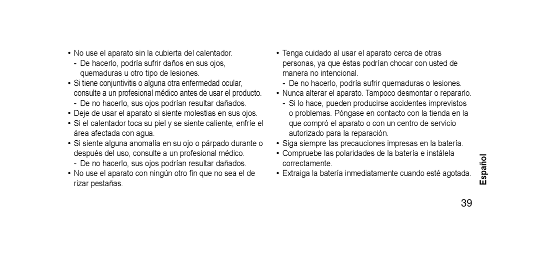 Panasonic EHSE60 operating instructions No use el aparato sin la cubierta del calentador,  Español 