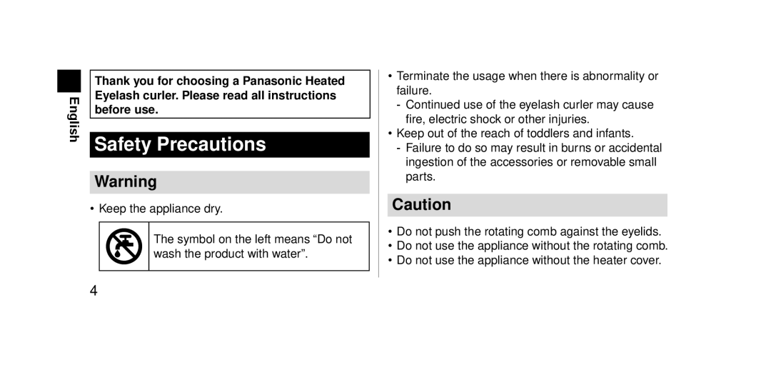 Panasonic EHSE60 operating instructions Safety Precautions 