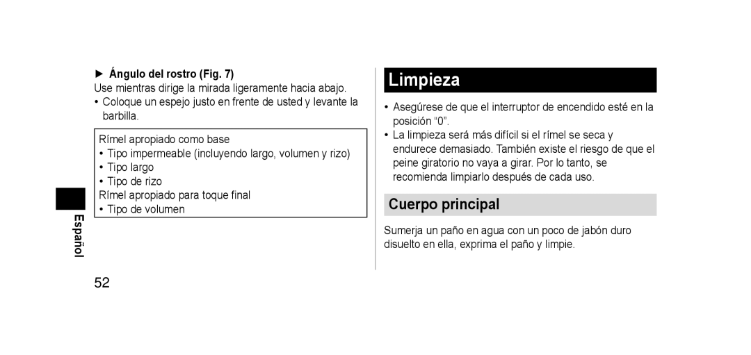 Panasonic EHSE60 operating instructions Limpieza, Cuerpo principal, Ángulo del rostro Fig 