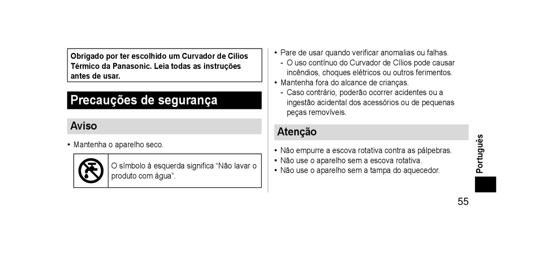 Panasonic EHSE60 operating instructions Precauções de segurança, Aviso, Atenção, Português 