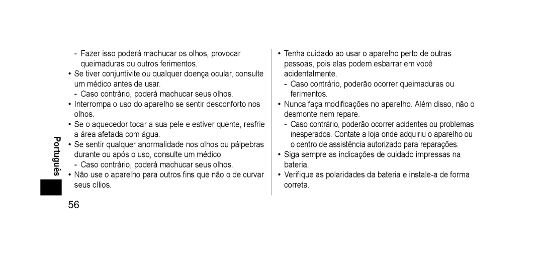 Panasonic EHSE60 operating instructions Português 