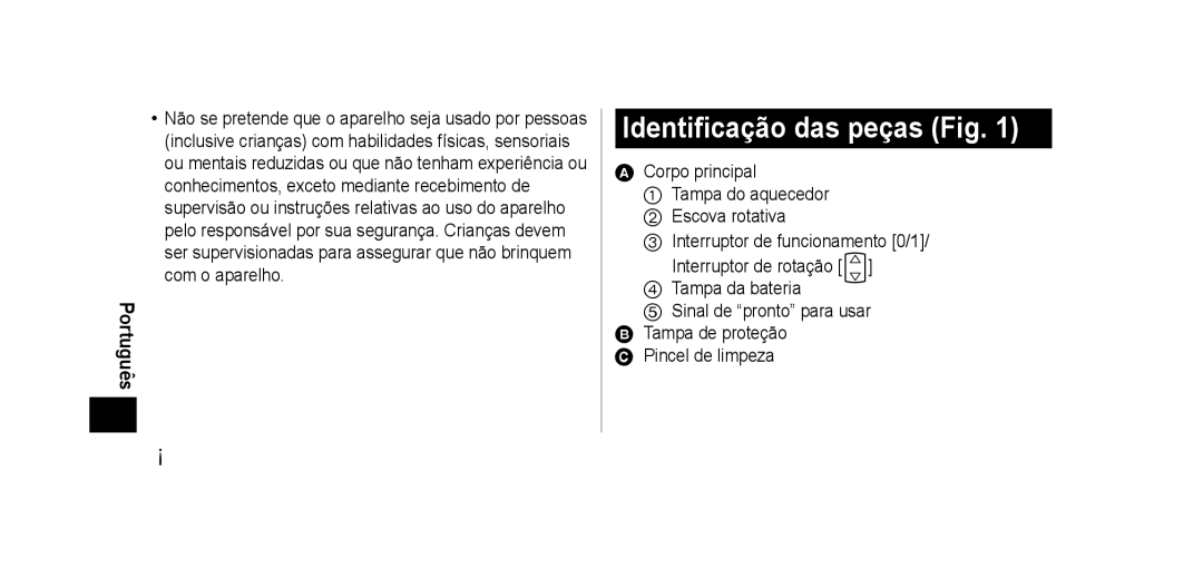 Panasonic EHSE60 operating instructions Identificação das peças Fig 