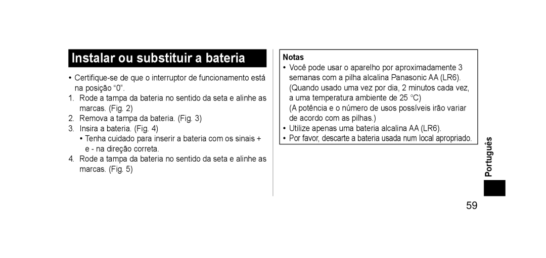 Panasonic EHSE60 operating instructions Instalar ou substituir a bateria, Notas 