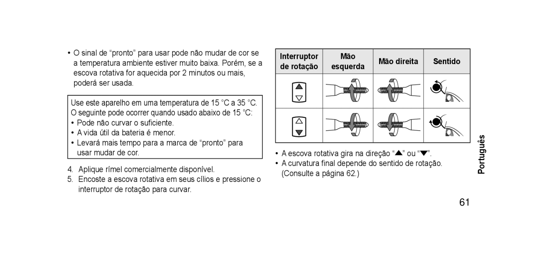 Panasonic EHSE60 operating instructions Interruptor, De rotação, Mão direita 