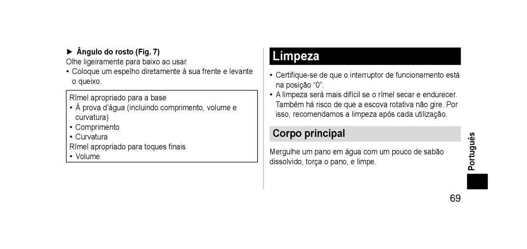 Panasonic EHSE60 operating instructions Limpeza, Corpo principal, Ângulo do rosto Fig 