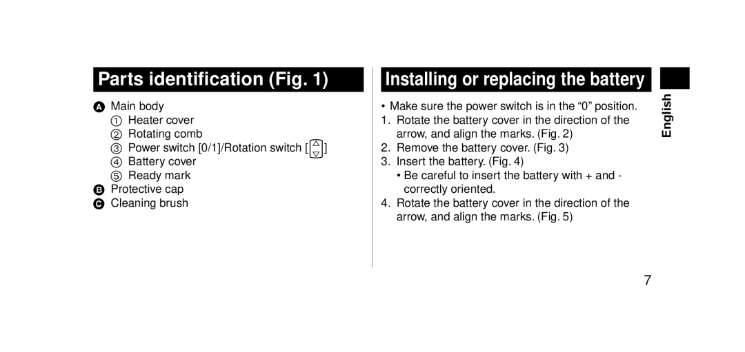 Panasonic EHSE60 operating instructions Parts identification Fig 