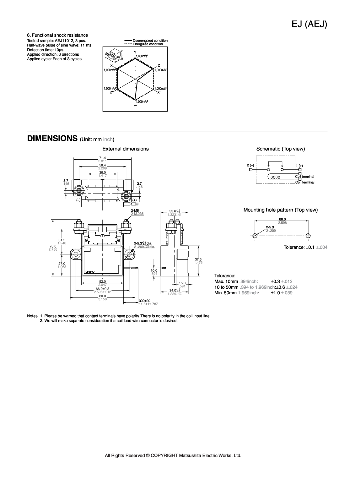 Panasonic EJ Relays manual DIMENSIONS Unit mm inch, Ej Aej, Functional shock resistance, Mounting hole pattern Top view 