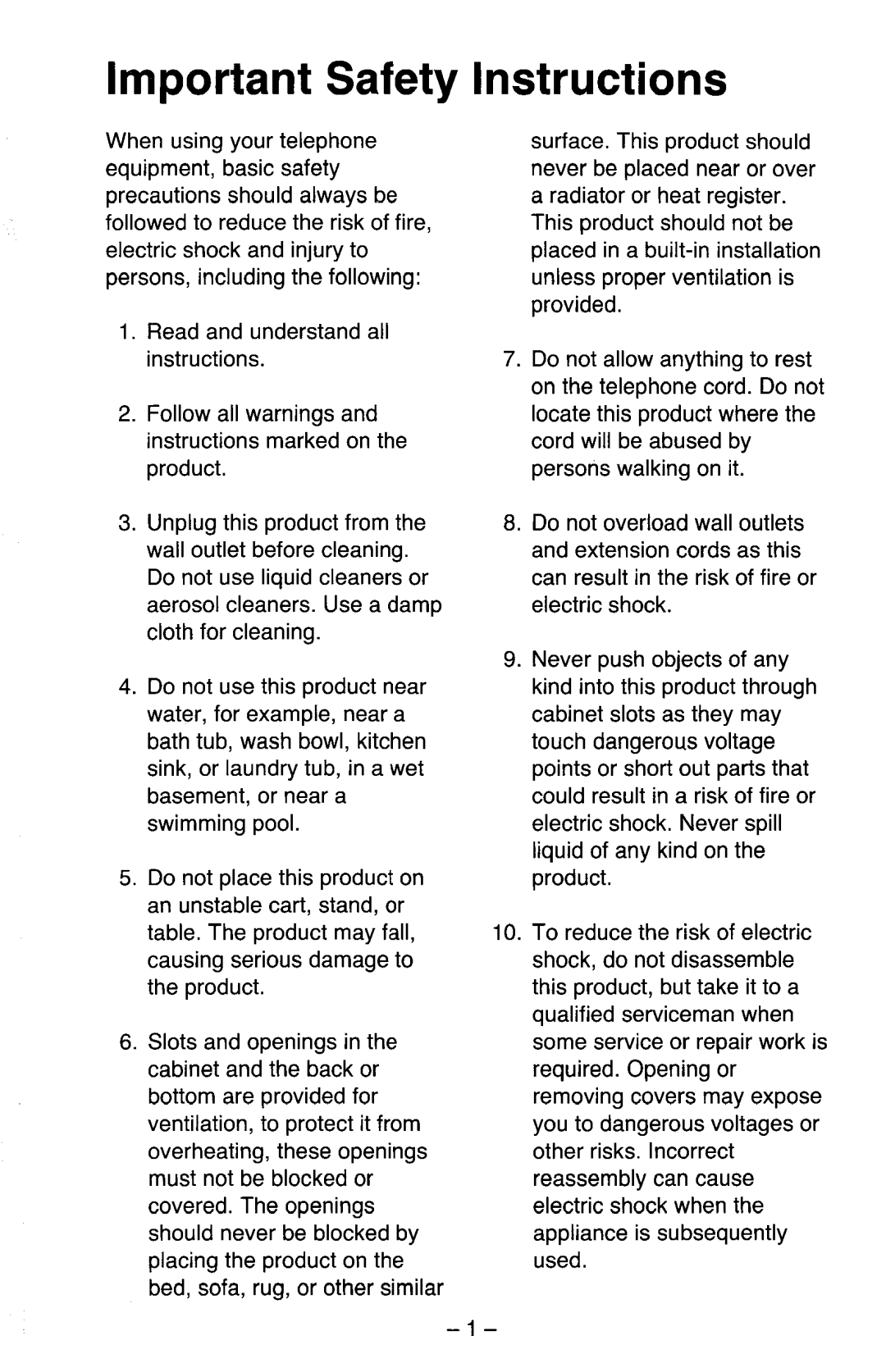 Panasonic electronic modular switching system manual Important Safety Instructions 