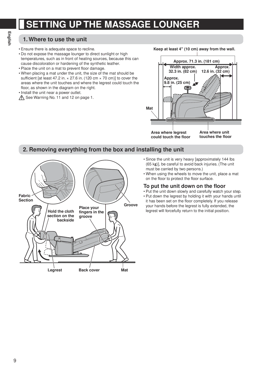 Panasonic EP-MA10 manual Setting UP the Massage Lounger, Where to use the unit, To put the unit down on the floor 