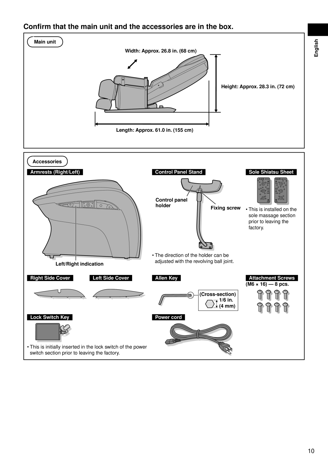 Panasonic EP-MA10 manual Armrests Right/Left, Allen Key, Power cord 