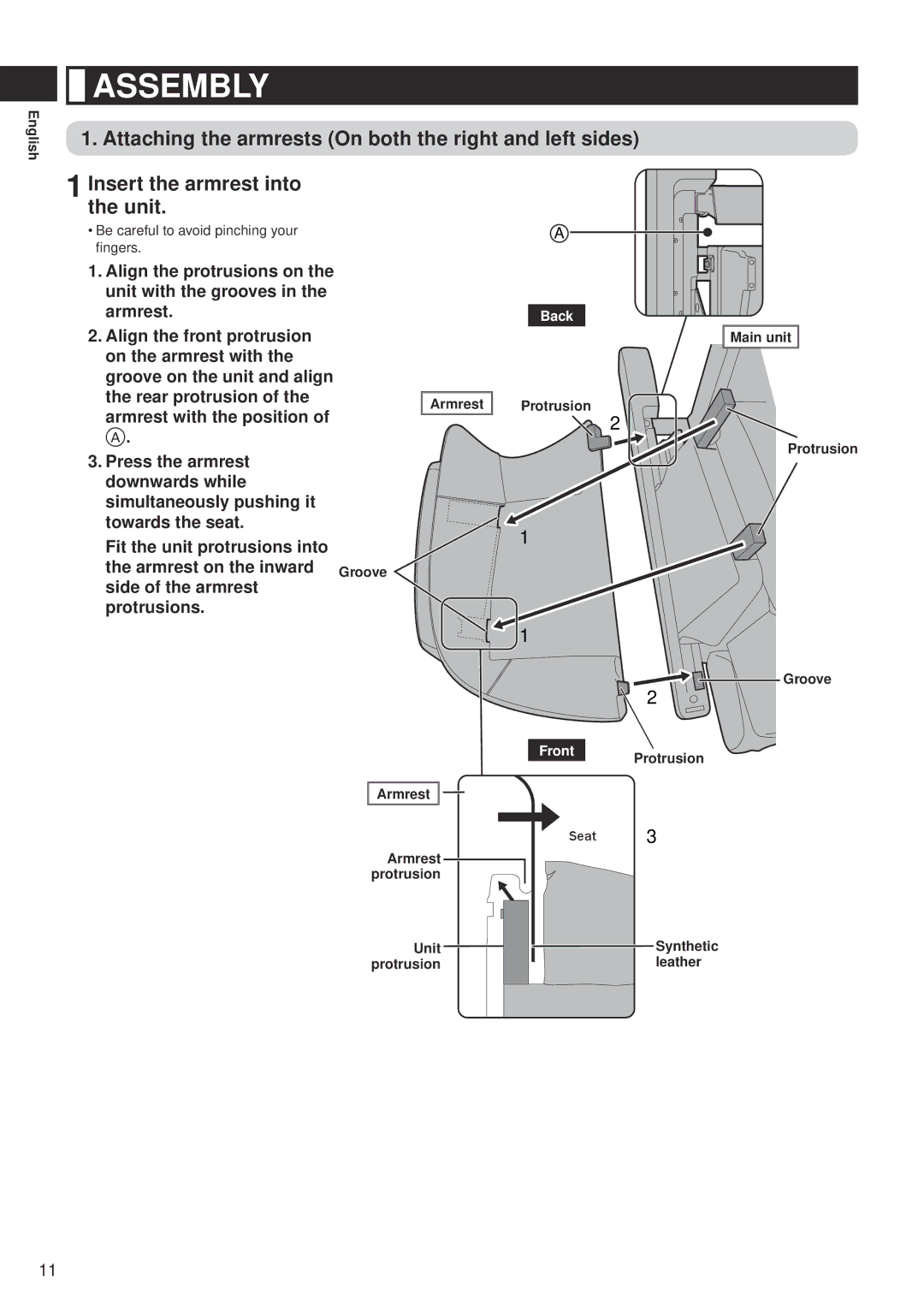 Panasonic EP-MA10 manual Assembly, Back, Main unit Armrest Protrusion Groove Front Protrusion 