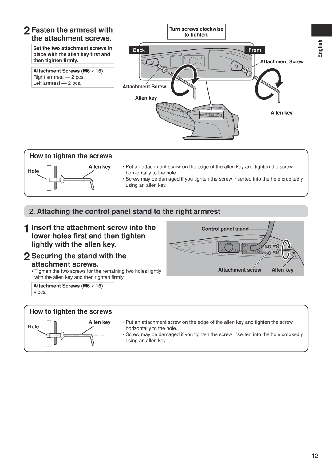 Panasonic EP-MA10 manual Fasten the armrest with the attachment screws, How to tighten the screws, Front 