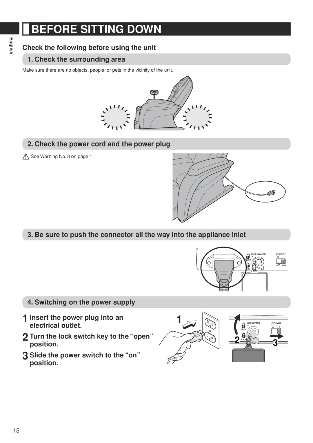 Panasonic EP-MA10 manual Before Sitting Down, Check the power cord and the power plug 