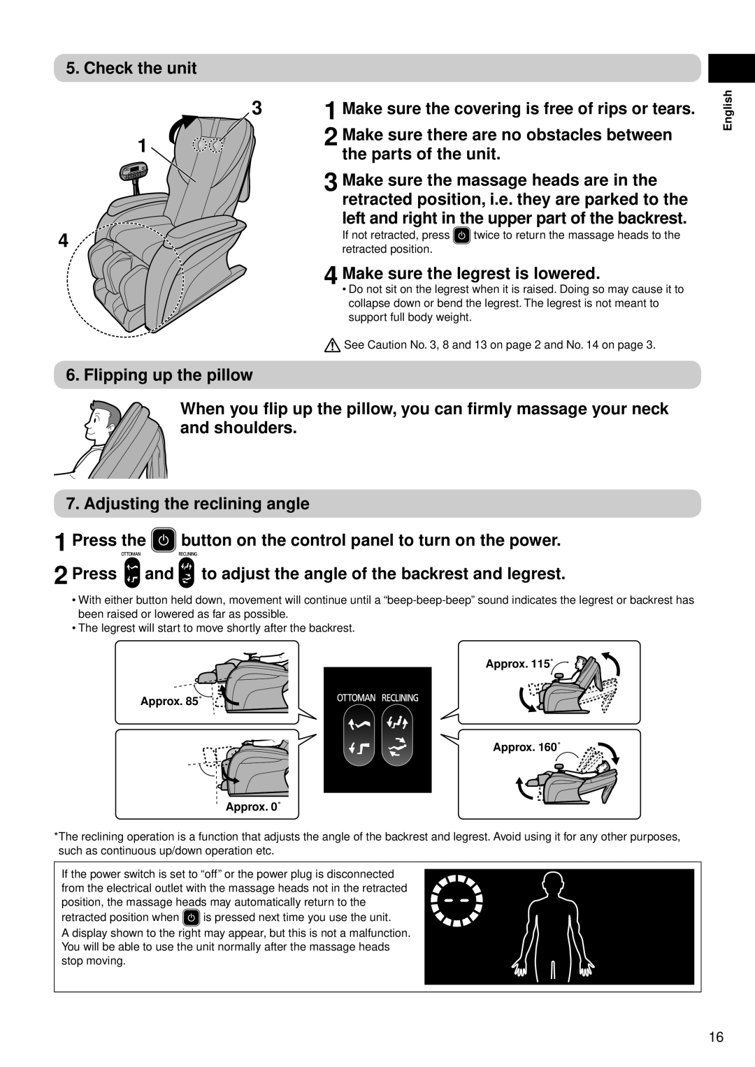 Panasonic EP-MA10 manual Make sure the legrest is lowered, Flipping up the pillow, Shoulders 