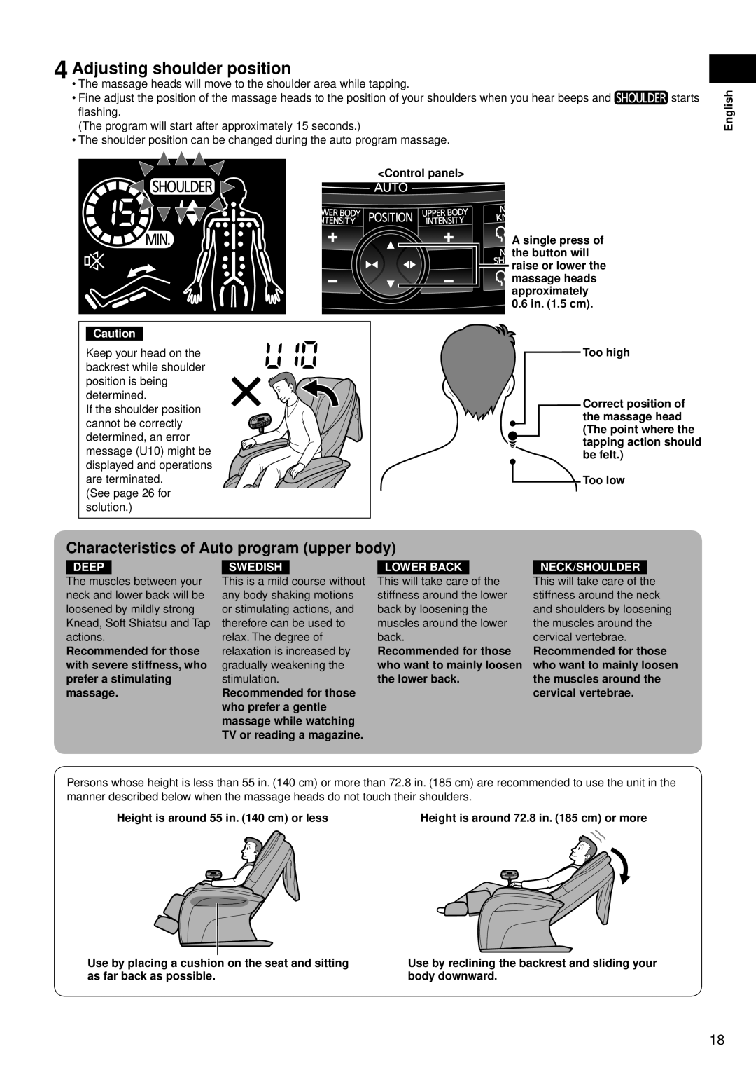 Panasonic EP-MA10 manual Adjusting shoulder position, Characteristics of Auto program upper body 