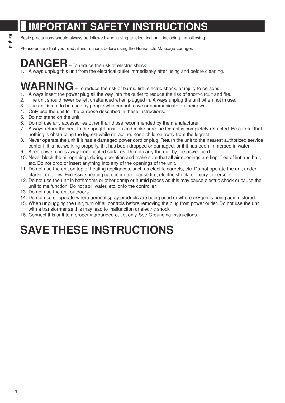 Panasonic EP-MA10 manual Important Safety Instructions, English 