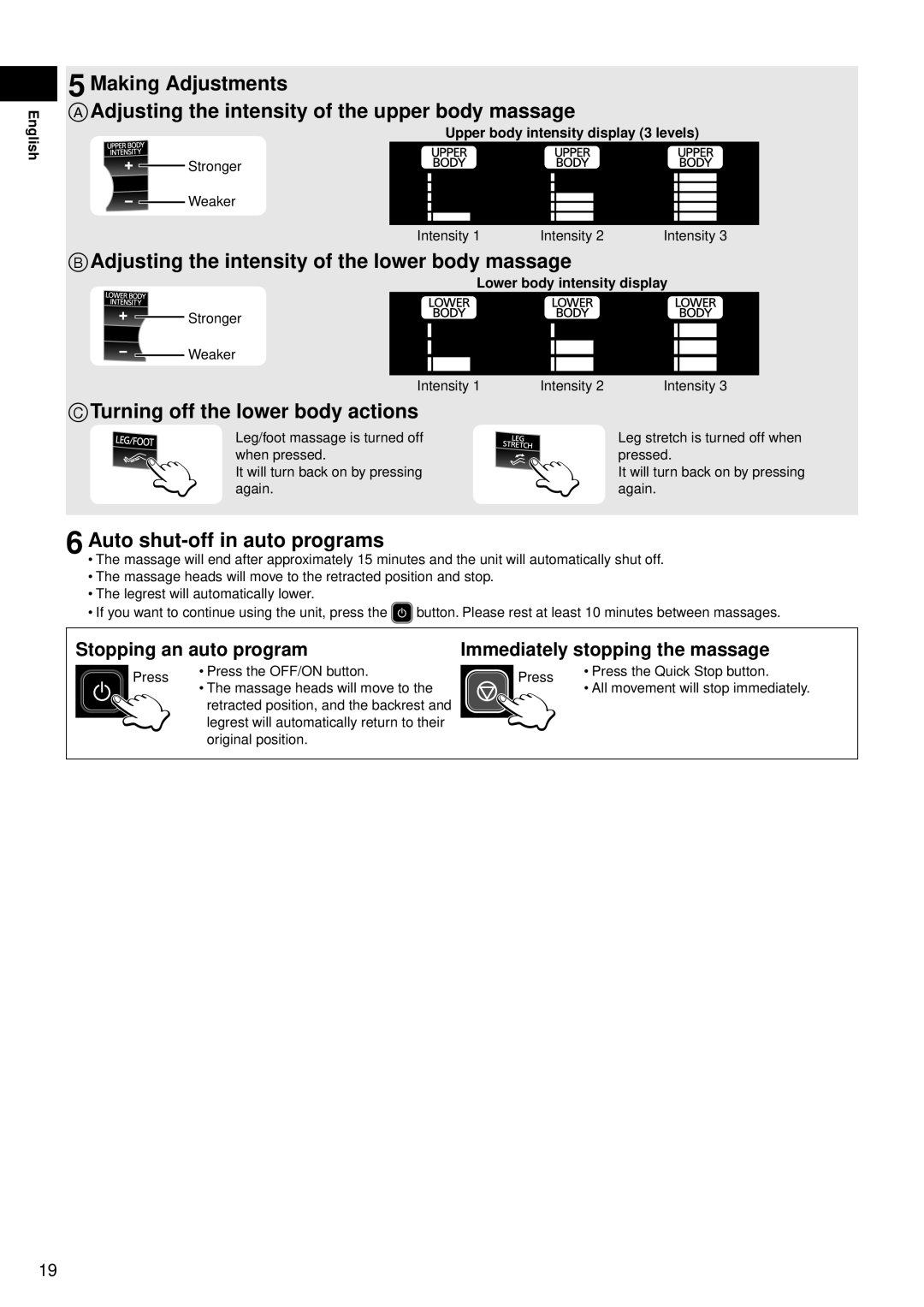 Panasonic EP-MA10 manual Adjusting the intensity of the lower body massage, CTurning off the lower body actions 