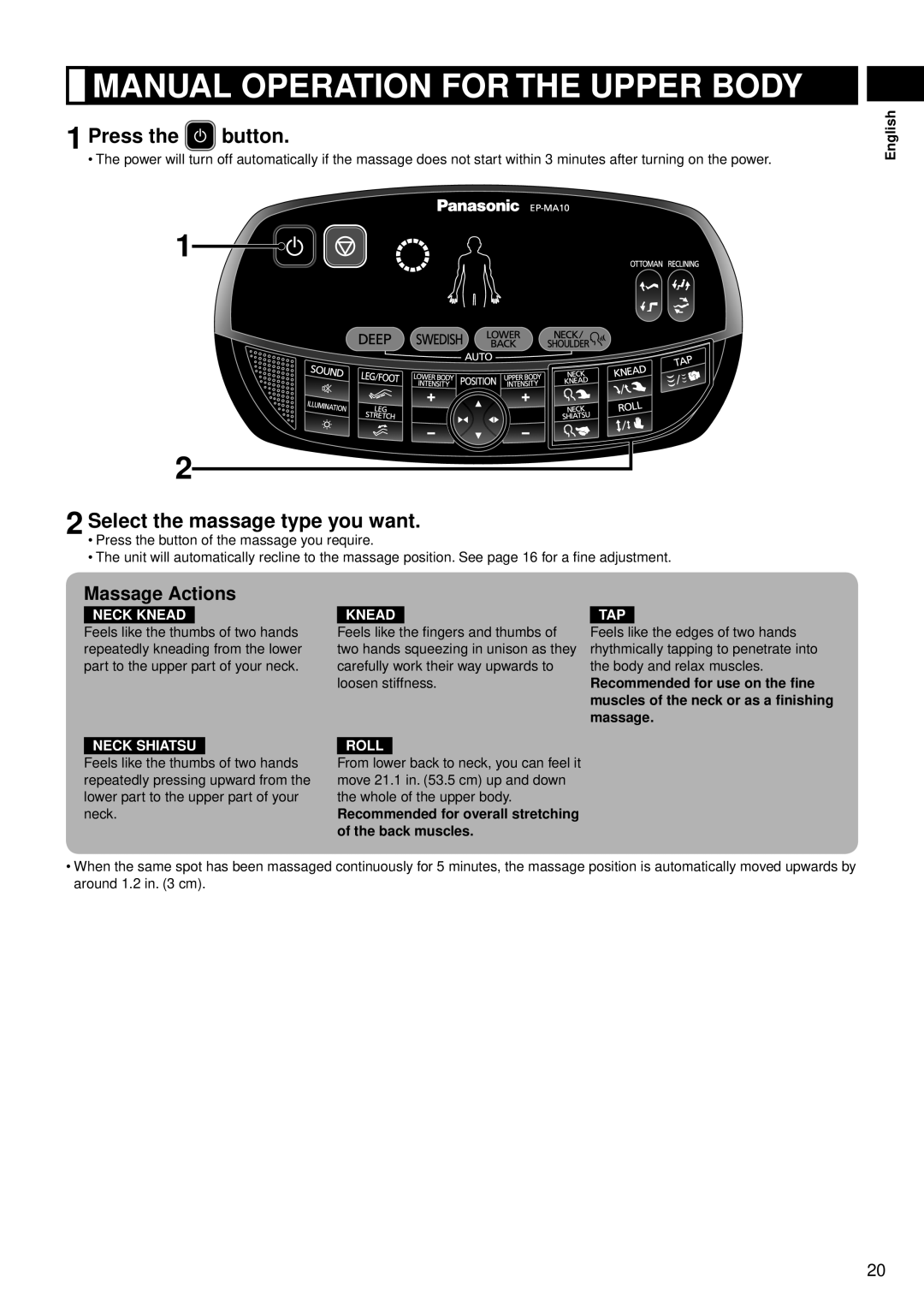 Panasonic EP-MA10 Manual Operation for the Upper Body, Press the button, Select the massage type you want, Massage Actions 