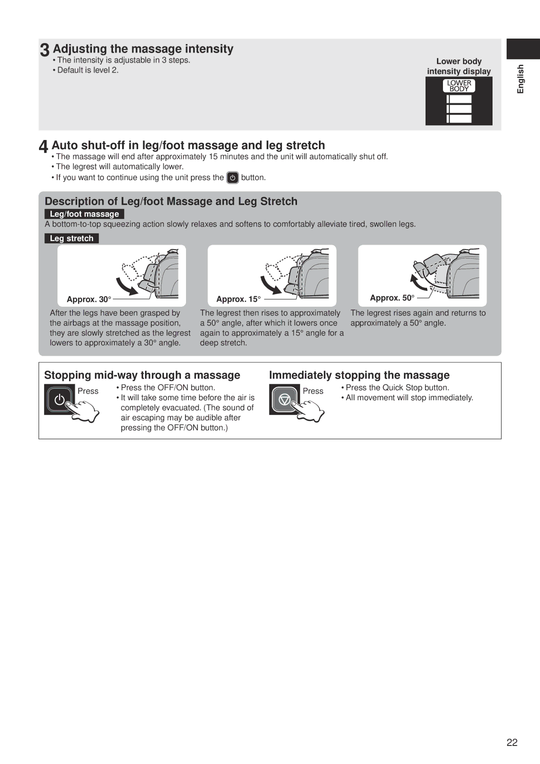 Panasonic EP-MA10 Adjusting the massage intensity, Auto shut-off in leg/foot massage and leg stretch, Leg/foot massage 