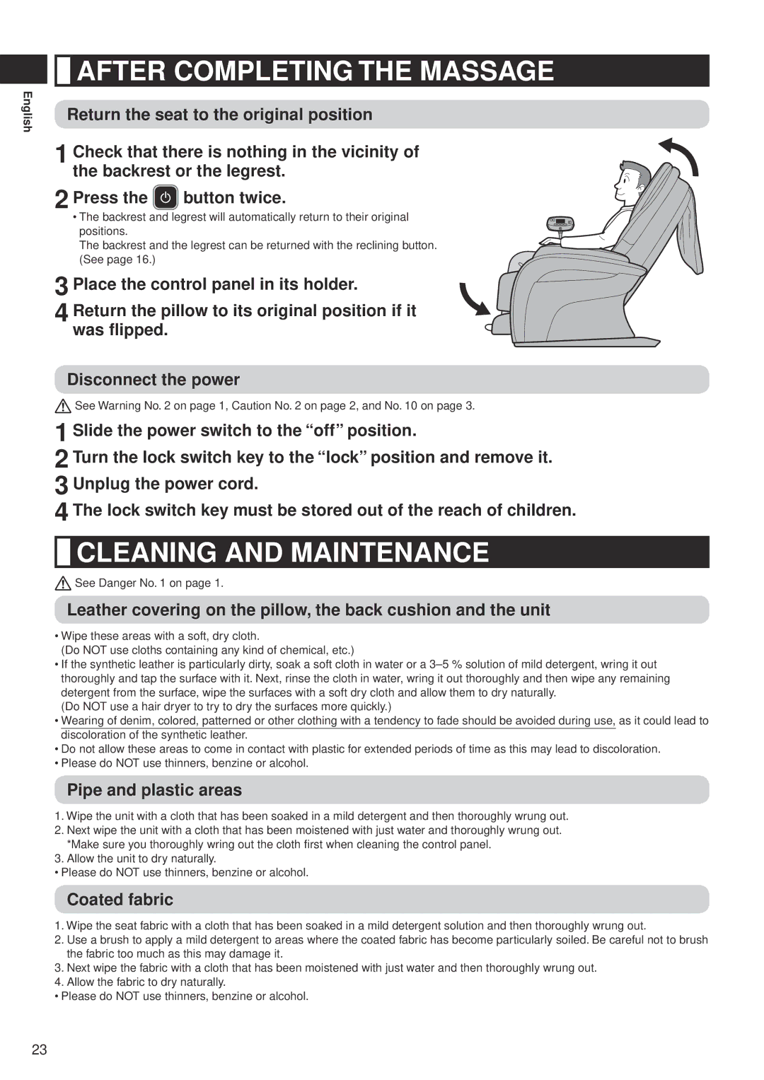 Panasonic EP-MA10 manual After Completing the Massage, Cleaning and Maintenance, Pipe and plastic areas, Coated fabric 