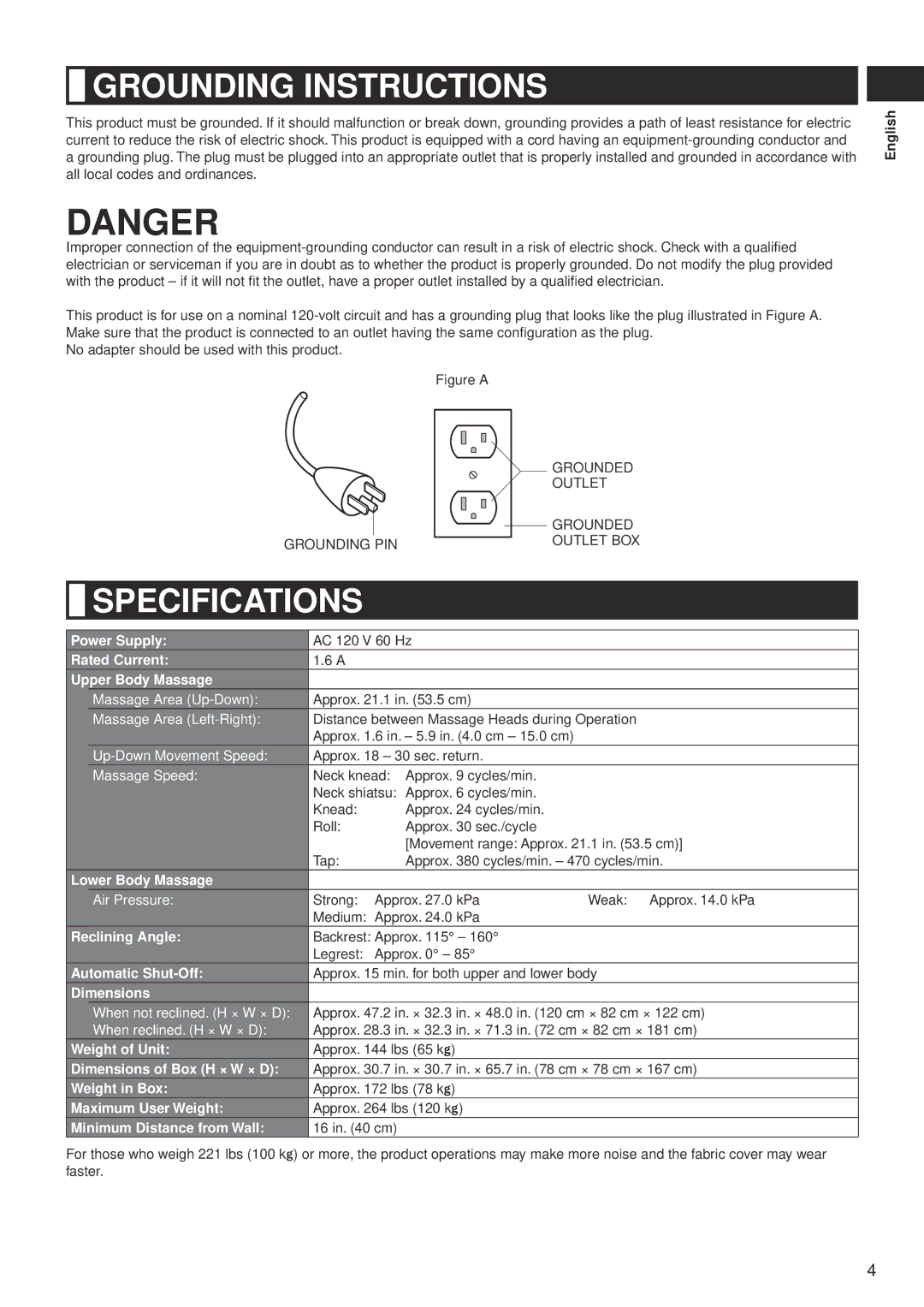 Panasonic EP-MA10 manual Grounding Instructions, Specifications 