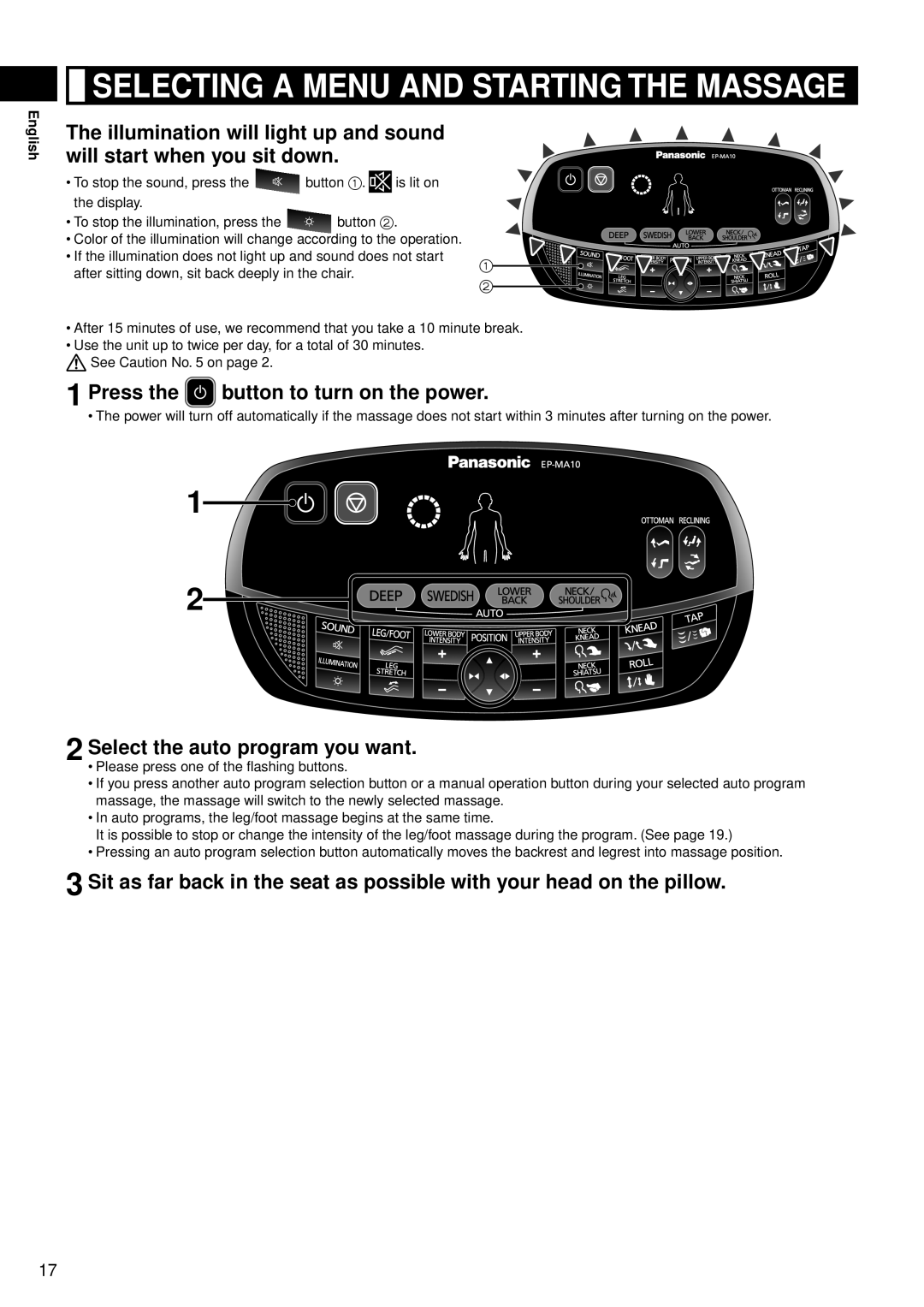 Panasonic EP-MA10 manual Selecting A Menu And Starting The Massage, Press the button to turn on the power 