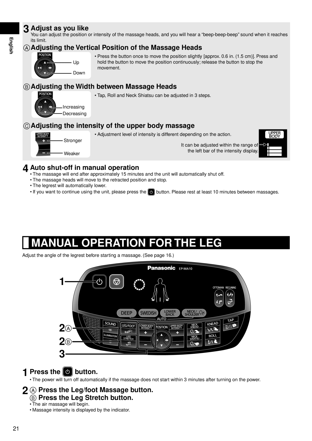 Panasonic EP-MA10 manual Manual Operation For The Leg, 2 2, Press the 